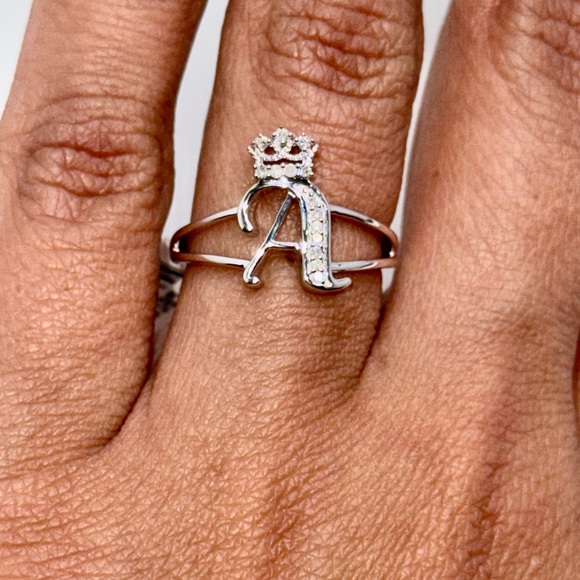 Real Diamond A initial Crown Ring, Custom made diamond A letter ring gift ring - Picture 3 of 5